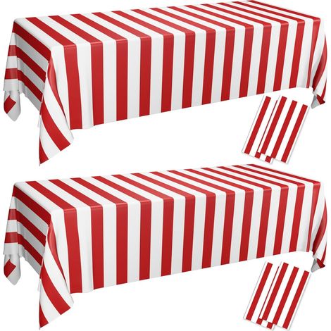 Lot de 4 Nappes de Fête Imprimé Rayures Rouges et Blanches (137x274 cm) – Antitaches, Réutilisables, pour Carnaval, Foire et Pique-nique