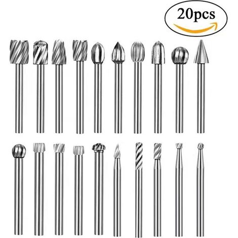 Ensemble de 20 limes rotatives en acier à grande vitesse - Meuleuses électriques, couteaux à graver le bois, têtes de meulage, fraises, outils de gravure et de meulage pour le bois et le métal (1/4)