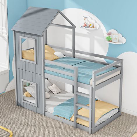 Lit superposé cabane 90 x 200 cm en pin gris avec garde-corps sécurisé pour enfant – couchage (1/5)