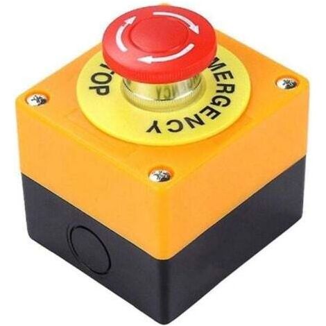Pulsante di arresto di emergenza a fungo di colore rosso, con 1 contatto normalmente aperto (NA) e 1 contatto normalmente chiuso (NC), in grado di gestire correnti fino a 10 A a 660 V. (1/4)