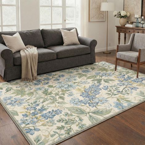 Tapis Salon Vintage 160x230cm Lavable en Machine Rug AntidéRapant Poil Ras, pour Chambre Salle a Manger Descente de Lit Bureau, Cuisine,Vert Floral (1/5)