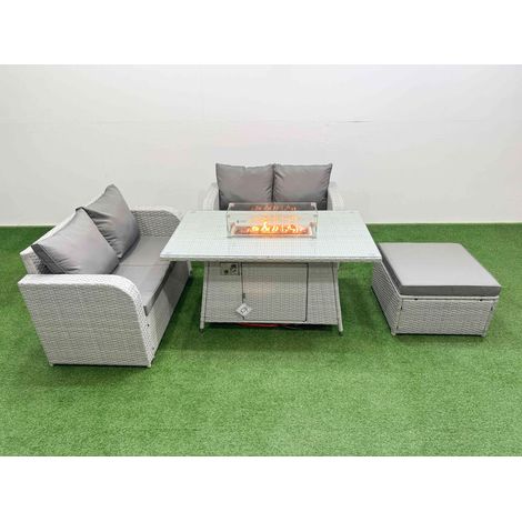 Fimous 5 Seater Outdoor Love Sofa Set Rattan Garden Furniture Set with Firepit Dining Table Big Footstool Light Grey (1/4)