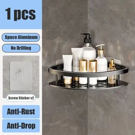 Étagère de salle de bain (triangle noir, 1 pièce) sans perçage, fixation murale, porte-bouteilles de shampoing, étagère d'angle pour douche, étagère de rangement pour toilettes, accessoires de salle d (1/5)
