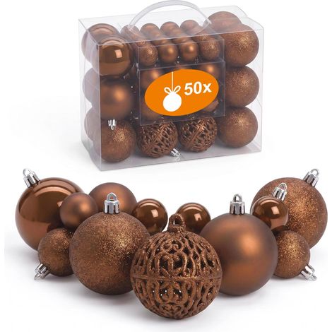 Kunststoff Christbaumkugel Set 50-teilig bruchsicher - braun - Design Weihnachtskugeln inklusive Metall Haken