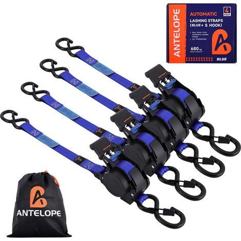 Sangles de serrage automatiques avec cliquet et crochets en S, lot de 4, 3,6m x 25mm, Bleu