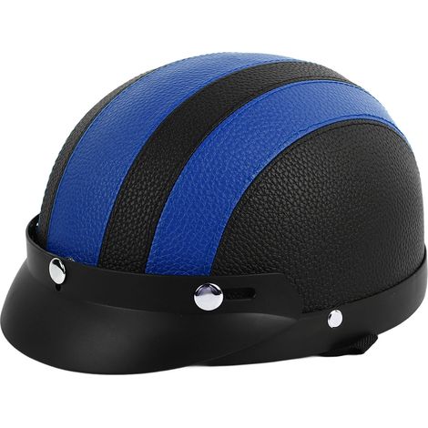 Casque moto demi-visage rétro en cuir PU respirant, anti-UV, sécurité, noir et bleu, unisexe pour homme et femme (1/5)