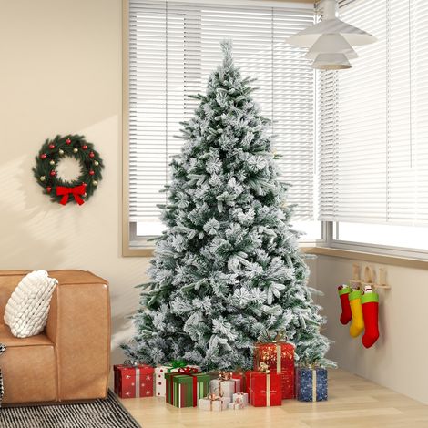 Sapin de Noël Artificiel de 215 cm Lumineux LED Floqué avec 300 Lumières LED Blanches Chaudes & 1096 Branches Mixtes Facile à Monter (1/5)