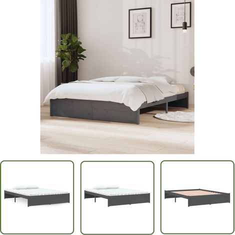 The Living Store Massivholzbett Grau 135x190 cm - Holzbett - Massivholzbette - Kiefernbett - Doppelbett - Bettgestell (1/5)