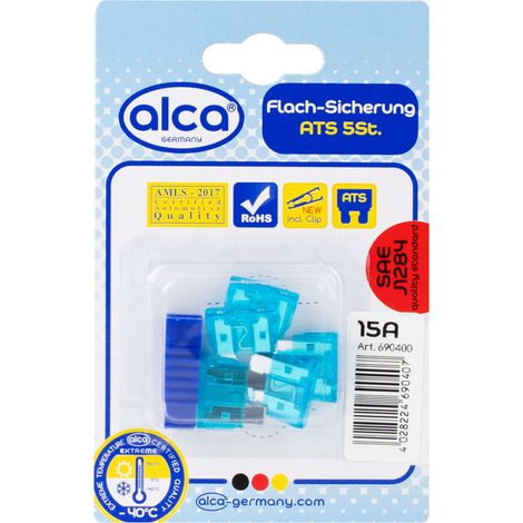 alca® Flach-Sicherungen 15A 5St. Blister blaue Auto Flachsicherungen Schmelzsicherung für Caravan Traktor Bus Motorrad Kfz Pkw Lkw etc. (1/2)