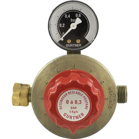 Gurtner – Détendeur gaz réglable propane 4 kg/h – Manomètre 0 à 300 mbar – Entrée écrou 20x150 – Sortie M20x150 – Applications professionnelles