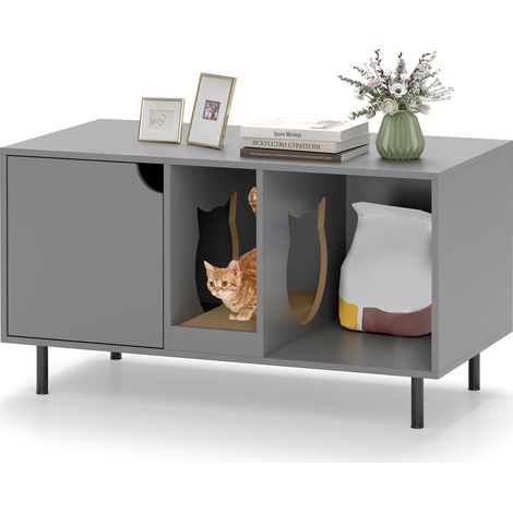 COSTWAY Cat Litter Box Enclosure Large Hidden Cat Washroom w/ Storage-Grey