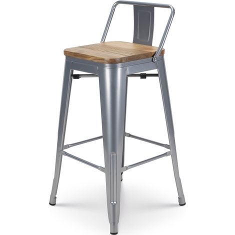 Barhocker aus silbergrauem Metall im Industriestil mit Rückenlehne und Sitz aus hellem Holz - Höhe 66 cm