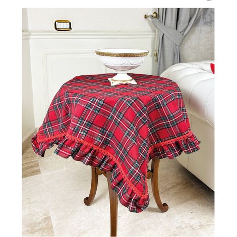 Preziosa Home Centrotavola Natale in Tartan con Frill e Pizzo 90 x 90 Cm Rosso