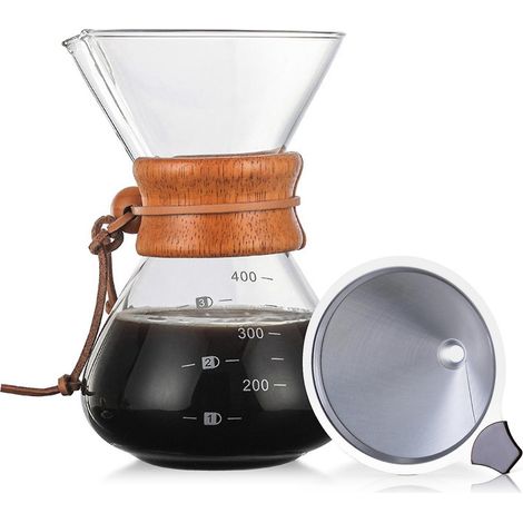 Pour-Over-Kaffeebereiter, 414 ml papierlose Glaskanne mit Edelstahlfilter, wiederverwendbarer Glaskaffee