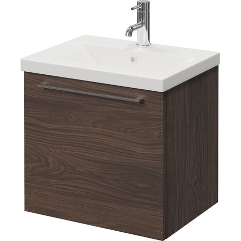 Napoli 390 Brown Oak 500mm Wall Mounted Single Drawer Vanity Unit with Glide Basin - 500mm - Chrome 320mm Handle