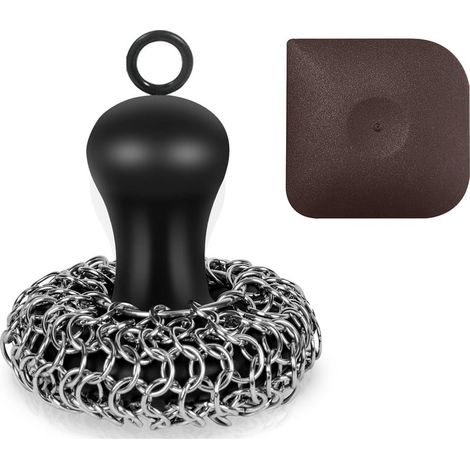Brosse de nettoyage en fonte avec grattoir, ensemble de nettoyage en fonte amélioré avec brosse en cotte de mailles