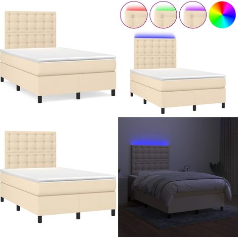 Sommier à lattes de lit matelas et LED crème 120x190 cm tissu - Sommier Tapissier - Lit Créme - Matelas Led - Éclairage LED - Tête De Lit Ajustable - Home & Living (1/5)