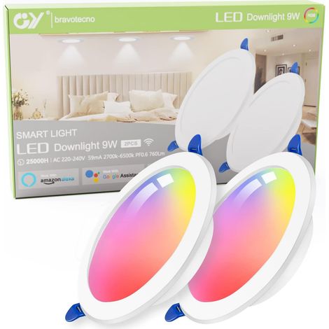 Lot de 2 Spots RGBW WIFI Bluetooth Smart Encastrables Led Dimmable, 9W, 760 lumen, 230V, Interrupteur tactile,éclairage plafond encastré pour Cuisine, exposition,Salon, Couloir, bars,Galerie