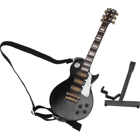 Guitare électrique miniature de 18 cm en bois noir, modèle réduit avec support et étui, pour la décoration intérieure. (1/5)
