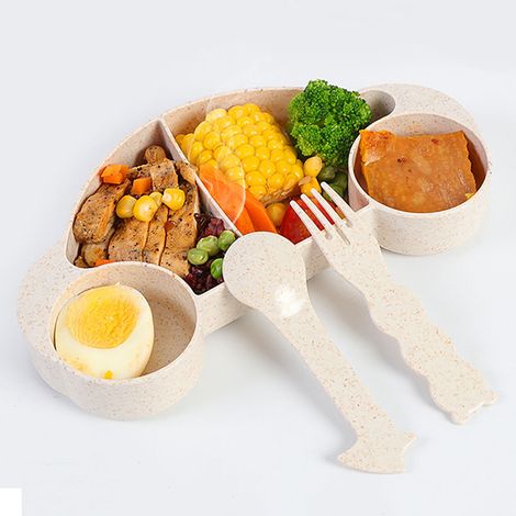 Ensemble de 3 couverts en paille de blé kaki : fourchette, cuillère, bol à fruits, bol en plastique. Motif enfant. (1/2)