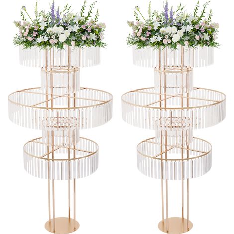 Lot de 2 présentoirs floraux rond dorés à 5 niveaux avec pendentifs acryliques, support à fleurs sur pied, centre de table décoration pour mariage, cérémonie et réception - hauteur 155 cm (1/5)