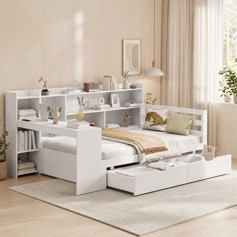 CHICFURN Sofá cama 90x200 cm de madera blanca con escritorio, estantes, almacenaje y enchufe (1/5)