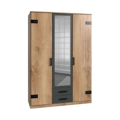 Les Tendances – Armoire 3 portes battantes décor chêne et gris anthracite – 2 tiroirs sur glissières métalliques – Dimensions L135 x P58 x H199 cm (1/5)