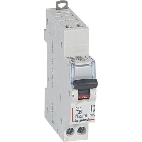 Disjoncteur DX³6000 10kA arrivée haute automatique et départ bas à vis U+N - 230V - 6A - courbe C - 1 module - LEGRAND