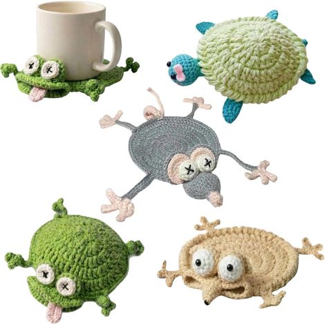 Lot de 4 dessous de verre au crochet en forme d'animal, faits à la main, sous-verres tissés colorés, napperons amusants au crochet, pour bureaux, tables à manger, cuisines, idées cadeaux (1/5)