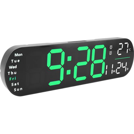 Horloge murale numérique avec télécommande, grand écran LED, 8 couleurs d'éclairage réglables, alarme numérique pour salon et chambre (vert). (1/5)
