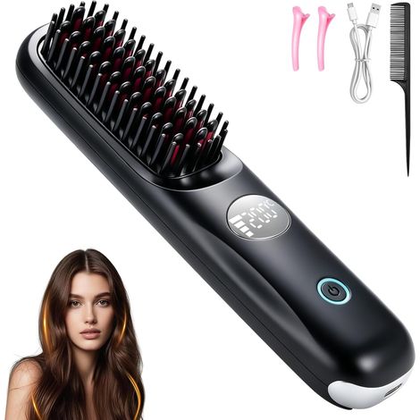 Brosse Lissante Sans Fil Avec Ecran LCD, 3 Niveaux Température (160-200 °C), Batterie Rechargeable 4000 mAh, Recharge via USB-C, pour Les Voyages et Les Déplacements, Noir (1/5)