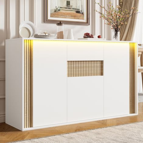 Sideboard mit 3 Türen, 1 Schublade und Einstellbarer LED-Beleuchtung, Weiß und Natur, 140×40×82 cm (1/5)