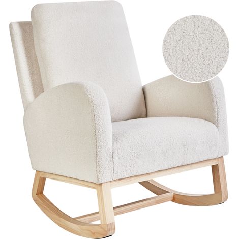 Silla mecedora balancín tapizado de bouclé patas de madera de caucho con reposabrazos sala de estar sillón de lactancia blanco crema Alsta