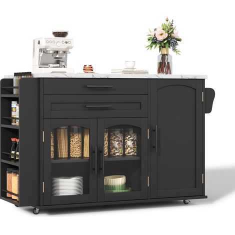 Îlot de cuisine mobile avec plateau rabattable, 5 roulettes verrouillables, rangements multiples, tiroirs à couverts et portes vitrées, noir - CHICFURN (1/5)