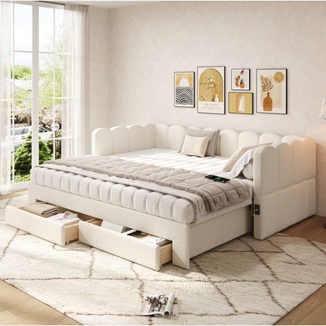 Lit gigogne 90x190 cm en tissu lin beige, 2 tiroirs et USB, gain de place – sans matelas – MEUBLIV (1/5)