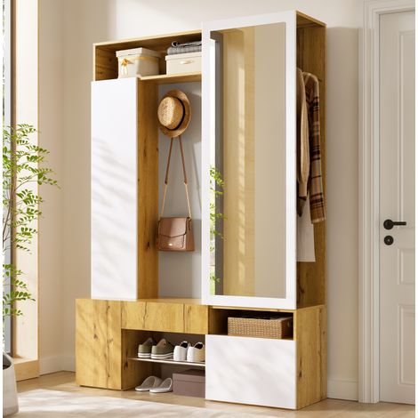 Armadio guardaroba con specchio, scarpiera, appendiabiti e ganci in MDF bianco/naturale OKWISH (1/5)