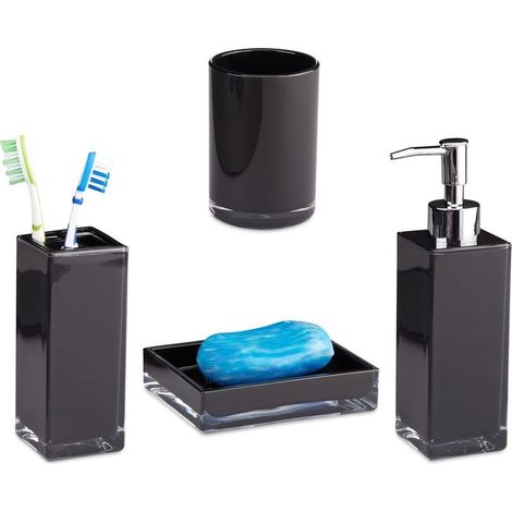 Set d'accessoires salle de bain 4 pièces Distributeur savon rechargeable Porte-savon et gobelet en plastique noir Facile à nettoyer (1/5)