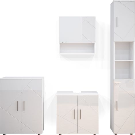 Badmöbel-Set Irma, Weiß Hochglanz, 4 Teile, mit Hochschrank und Kommode, Vicco
