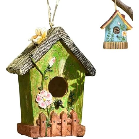 Nichoir à oiseaux pour arbre – Nid d'oiseau extérieur en résine – Nichoir coloré, décoration de jardin, ornements de montage d'arbre, chalet décoratif pour animaux de compagnie pour merle bleu (vert) (1/5)