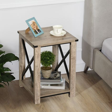 Tavolino laterale in stile industriale retrò con ripiano multifunzionale, struttura a X, 40,5x40,5x60 cm, rovere. (1/5)