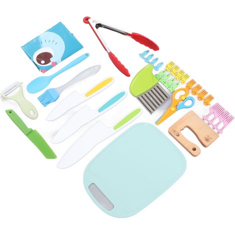 Ensemble de couteaux de cuisine pour enfants comprenant 33 pièces : couteau en bois dentelé, couteau en plastique, couteau à pommes de terre, éplucheur, planche à découper et bien plus encore. (1/5)