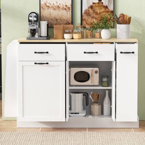 Buffet moderne à tiroirs multiples — Meuble de rangement pratique avec compartiment intégré pour poubelle et porte-épices extérieur — Pour salles à manger, salons et cuisines (Blanc)
