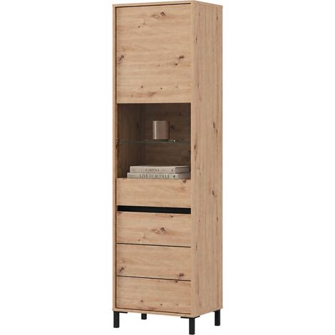 Vetrina Ovodda, Mobile Espositore 4 Ripiani, 2 Ante, con Piedini, Anta e Ripiano Dettaglio Vetro, 55x40x193h cm Marrone Rovere Nodi
