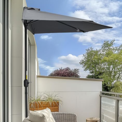 Demi parasol parasol de balcon 5 entretoises métal cheminée incluse 2.93 x 1.5 x 2.49 m polyester haute densité gris