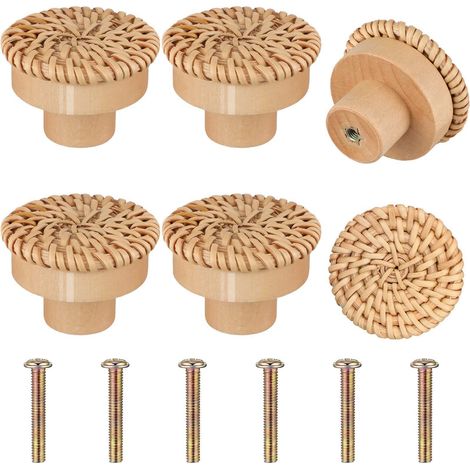 6 pomos de ratán de madera para muebles, tiradores de madera para muebles, pomos de cajón, pomos de puerta para armarios, pomos redondos de madera para muebles, pomos de madera para dormitorio, cocina