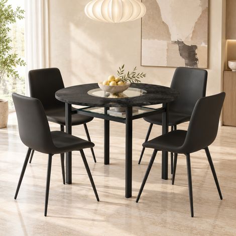 MEUBLIV Set tavolo rotondo nero 100 cm con 4 sedie e ripiano in vetro (1/5)