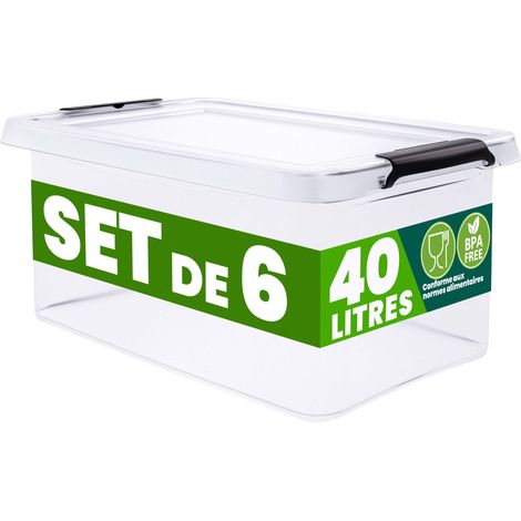 DEUBA® Boîte de rangement en plastique transparent empilable sans BPA gain de place caisse de rangement organiseur  6x40L