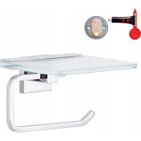 Porte-rouleau de papier toilette tesa DELUXXE avec étagère en verre dépoli, support chromé - pour montage mural sans perçage, solution adhésive incluse - 140 mm x 165 mm x 101 mm (1/5)