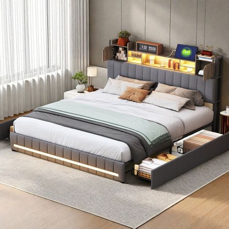 Lit Double 140x190 avec 4 Tiroirs & Éclairage LED – Tête de Lit Rembourrée en Lin Gris avec Ports USB/Type-C et Grand Coffre de Rangement (1/5)