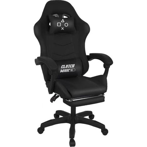 Clutch - Ergonomischer Gaming-Stuhl mit Lendenkissen, Kopfstütze und Fußstütze aus schwarzem PVC